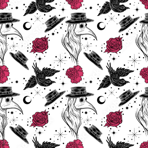 Dark witchy seamless pattern with plague doctor, raven and flowers. Tattoo art style. Mystic, occult background. Trendy vector illustration.