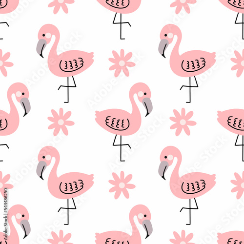 Pink flamingo and flower. Seamless pattern for sewing children's clothing. African background in nursery. Jungles. Print on fabric and packaging.