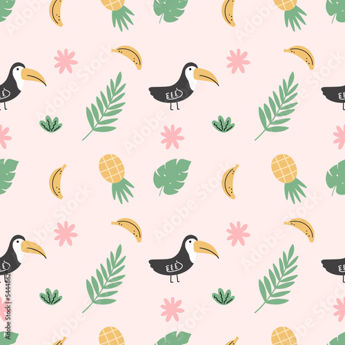 African bird with large beak. Toucan and tropical leaves. Seamless pattern in nursery. Printing on fabric and wrapping paper. Children's print.