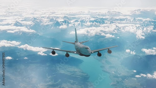 Commercial Jumbo Jet Over Clouds and Lakes as Camera Slowly Pushes In 3D Animation 4K