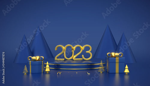 Happy New 2023 Year. 3D Golden metallic numbers 2023 on blue stage podium. Scene, round platform with gift boxes and golden metallic pine, spruce trees on blue background. Vector illustration.