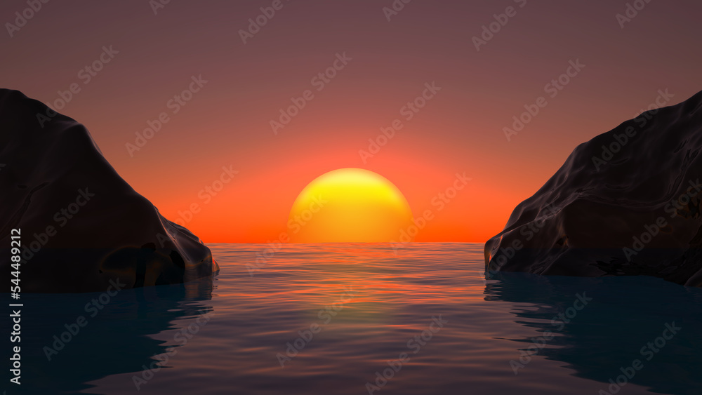 fantastic landscape with two black block in the sea at sunset