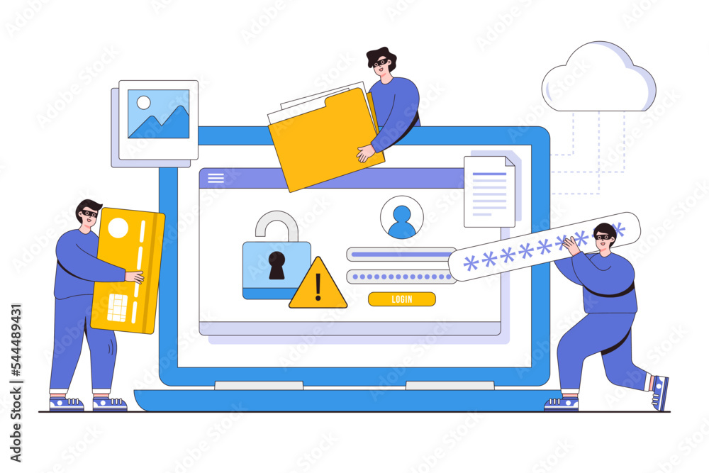 Flat global, personal, cyber data security online, internet security or information privacy & protection concept. Outline style illustration for landing page, web banner, infographics, hero images.