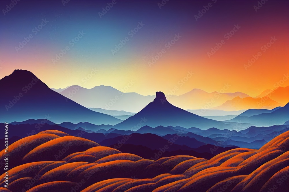 Blue and Orange Rocky Hills Landscape Digital Illustration