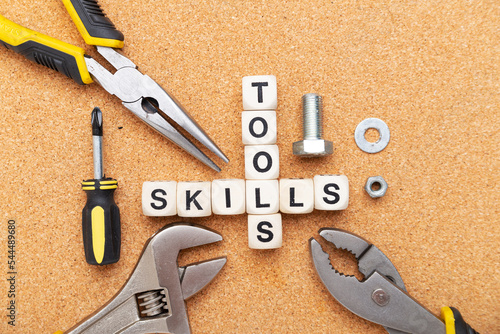 Obraz na plátně words TOOLS and SKILLS are written on wooden blocks