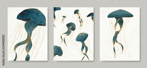 Art set of luxury prints with blue jellyfish hand drawn in gold art line style. Animal background in a watercolor style for decoration, print, wallpaper, textile, interior design.
