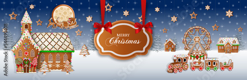 Christmas banner with gingerbread church. christmas background with gingerbread cookies and candies