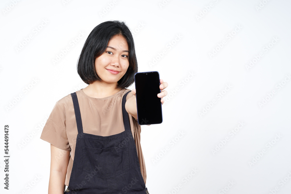Showing Apps or Ads On Blank Screen Smartphone of Beautiful Asian Woman Isolated On White Background Showing Apps or Ads On Blank Screen Smartphone of Beautiful Asian Woman Isolated On White Background