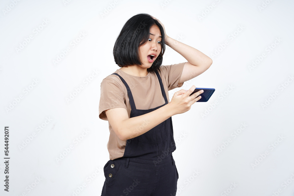 Playing Mobile Game on Smartphone and Angry for lose of Beautiful Asian Woman Isolated On White Playing Mobile Game on Smartphone and Angry for lose of Beautiful Asian Woman Isolated On White
