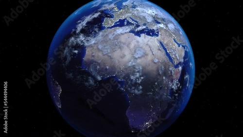 Zoom out of Nigeria through clouds to see the Earth from space.