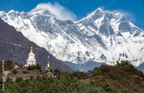 Tenzing Norgay memorial stupa with beautiful view of Mt.Everest and Mt.Lhotse in the background. photo