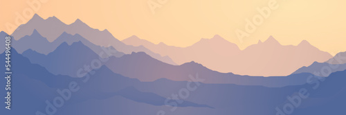 Fotografia Sunrise in the mountains, mountain ranges in the morning haze, panoramic view, v