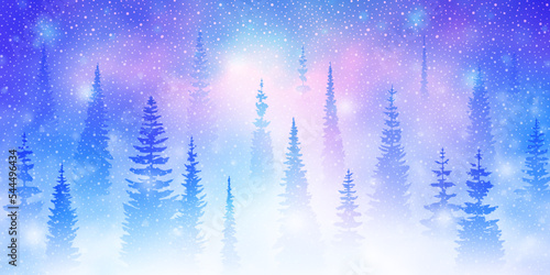 Dreamy winter forest, snowfall and bokeh effect, bright holiday background, vector illustration