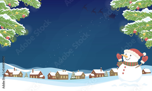 Merry christmas and happy new year background with copy space. Vector illustration of snowman in winter holiday landscape.