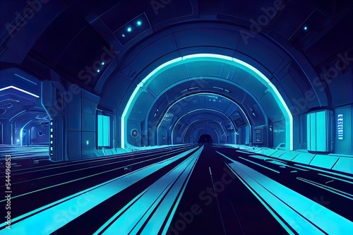 3d rendering of spaceship corridor blue background neon glowing. Cyberpunk concept. Scene for advertising, showroom, technology, future, modern, interior, tunnel. Sci Fi futuristic Illustration