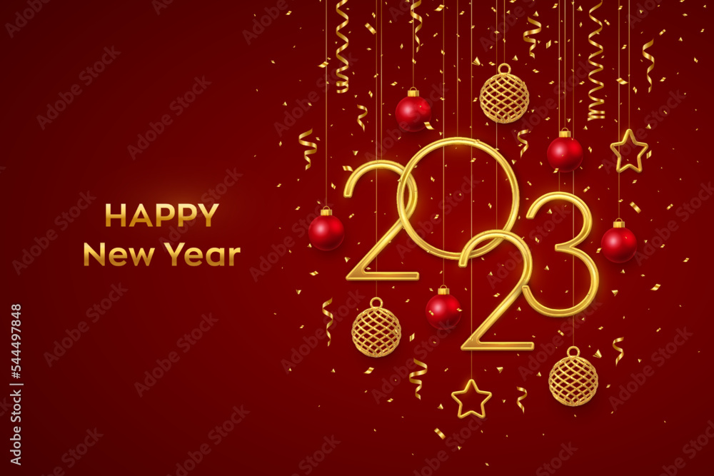 Happy New 2023 Year. Hanging Golden metallic numbers 2023 with shining 3D metallic stars, balls and confetti on red background. New Year greeting card, banner template. Realistic Vector illustration.