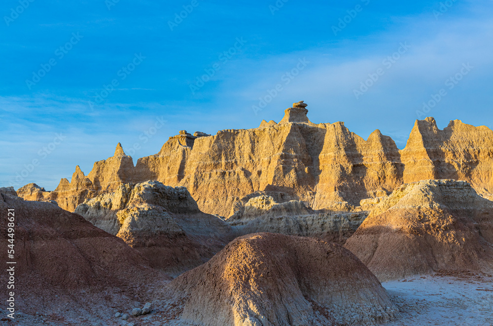 Rock Formations Against Eroded Cliffs on The Notch Trail, Badlands National Park, South Dakota, USA