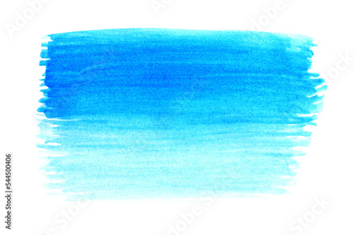 Blue paint stroke drawn with brush on white background, top view