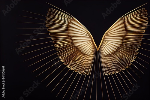 The angel s white wings are decorated in gold on a black background. The wings are illuminated and cast a shadow. The plumage grows in two directions. 3D artwork