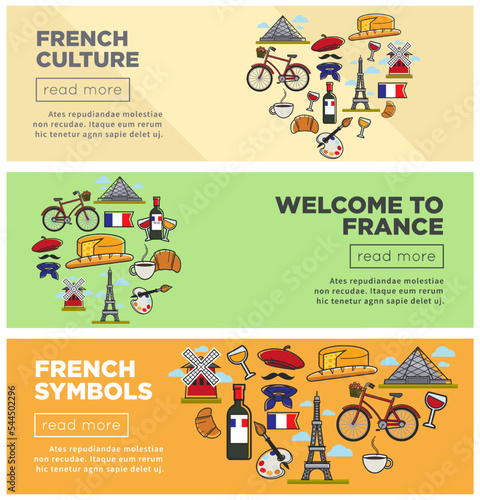 Travel agency brochures French culture and symbols architecture and cuisine vector