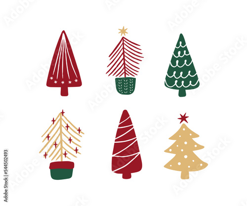 Cute christmas fir tree silhouette vector illustration set. Winter holiday Xmas design. Festive decoration cliparts isolated on white. New year hand drawn celebration symbol.