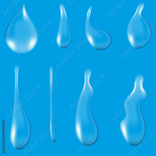 Set of colorful water droplets. Collection of water drop art designs in different styles. blue background