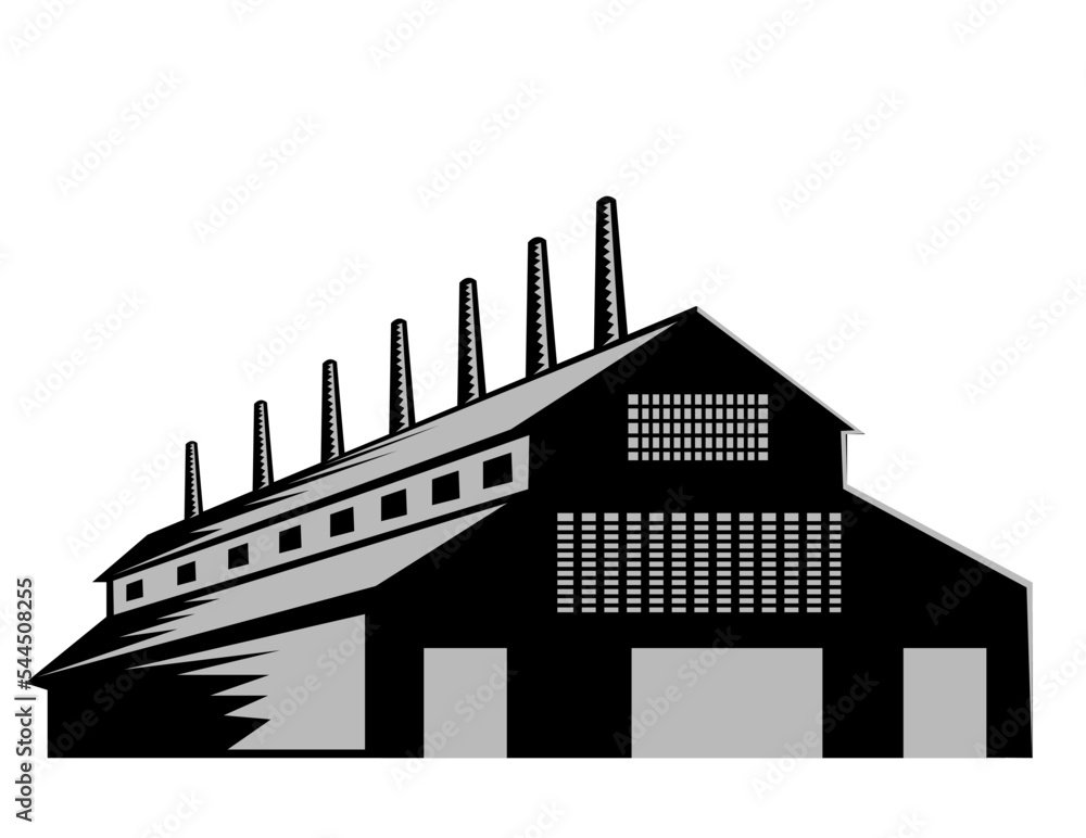 Illustration of an eco-friendly manufacturing plant or factory building and smoke stacks front view done in retro woodcut style on isolated background.