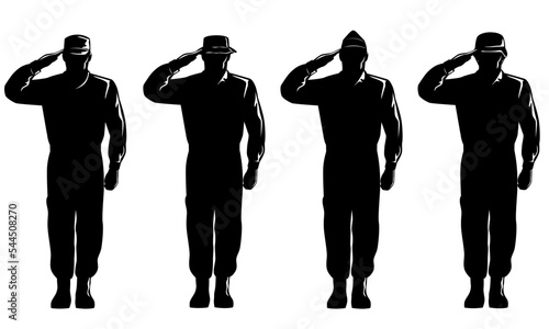 Illustration of an American soldier military serviceman personnel silhouette saluting viewed from front full body on isolated background done in retro style.