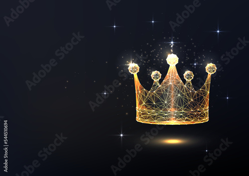 Abstract gold crown in futuristic glowing low polygonal style on black background. Power concept