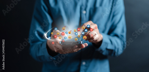 Man using social media and digital online, man using smart phone with Social media. concept of living on vacation and playing social media. online marketing, technology network concept...