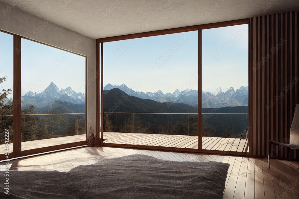 Obraz premium Modern spacious wooden terrace with beautiful mountains view and mock up place. 3D Rendering