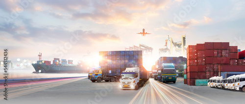 Global business of Container Cargo freight train for Smart business logistics and transportation concept, Air cargo trucking and maritime shipping, Online goods orders worldwide