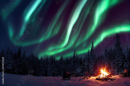 A warm and cosy campfire in the wilderness with forest trees silhouetted in the background and the stars and Northern Lights (Aurora Borealis) lighting up the night sky. Photo composite.