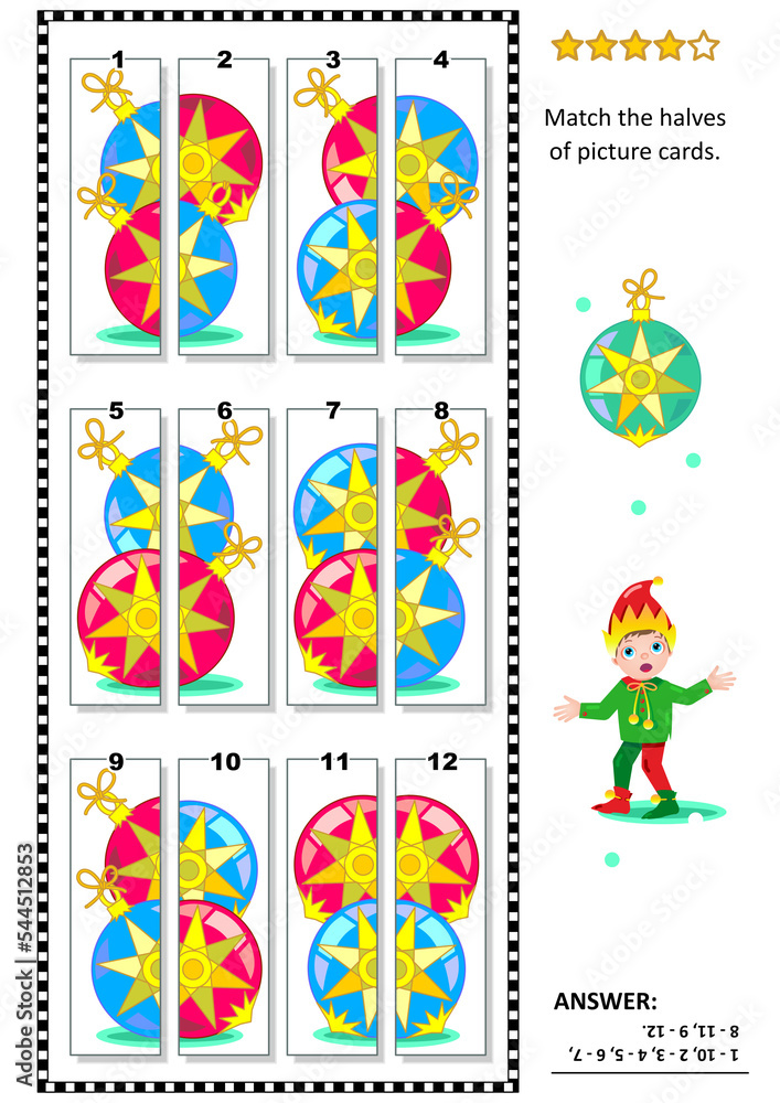 Visual puzzle: Match the halves of cards with colorful Christmas baubles. Answer included.
