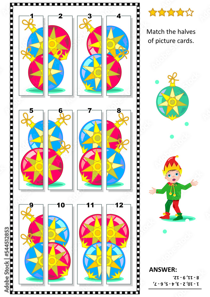 Visual puzzle: Match the halves of cards with colorful Christmas baubles. Answer included.
Visual puzzle: Match the halves of cards with colorful Christmas baubles. Answer included.