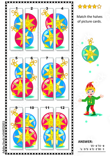 Visual puzzle  Match the halves of cards with colorful Christmas baubles. Answer included. 