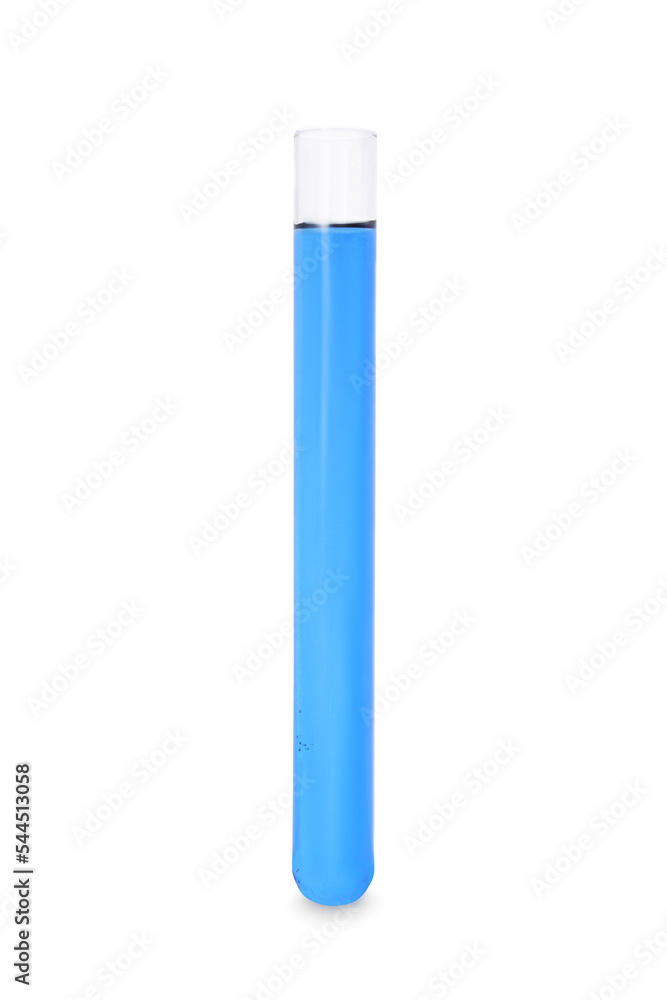Test tube with light blue liquid isolated on white Test tube with light blue liquid isolated on white