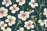 Watercolor floral pattern, delicate flower wallpaper, wildflowers pink,tansy, pansies. white flowers queen anne's lace. Retro wallpaper on a dark background