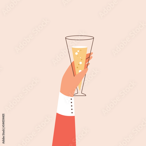 Hand holds glass of sparkling white wine or prosecco, flat vector illustration isolated on beige background.