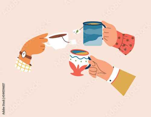 Hands holding cute cups or mugs with tea and tea bags, flat vector illustration isolated on beige background.