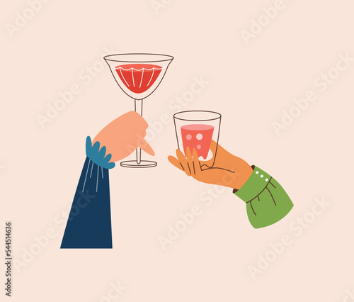 Hands elegantly holding glass of red wine and cocktail, flat vector illustration isolated on beige background.