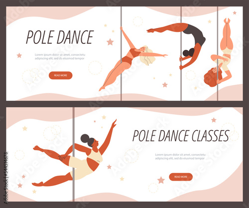 Pole dance classes advertising web banners set, flat vector illustration.