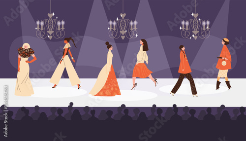 Fashion show with models demonstrate designers clothes, flat vector.