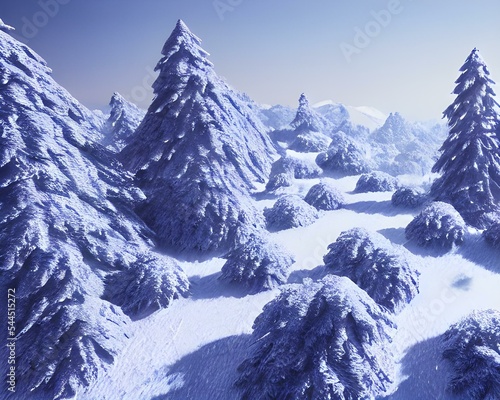 mountains and trees are covered with heavy snowfall also sunshine in the morning beautiful view