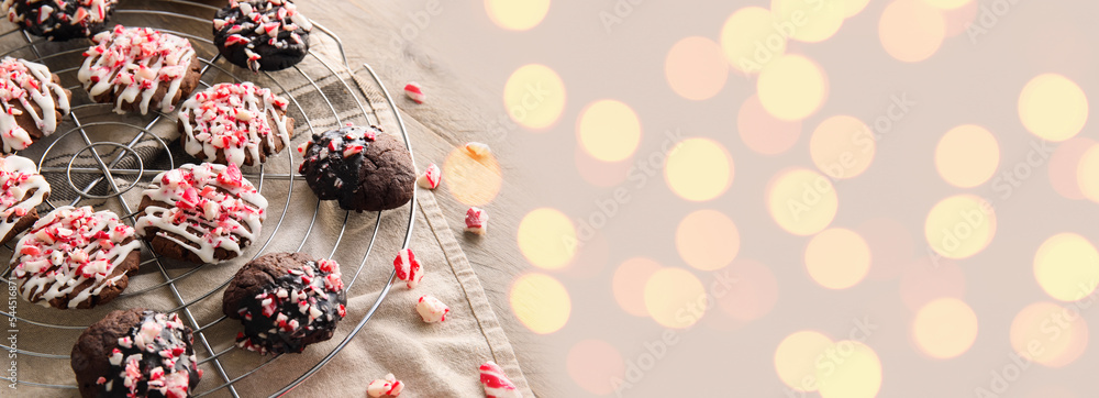 Tasty chocolate cookies on light background with space for text