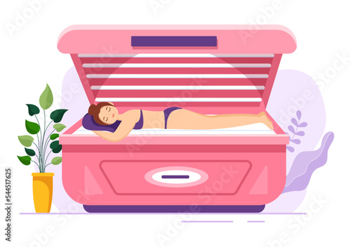 Tanning Bed Procedure to Get Exotic Skin with Modern Technology at the Spa Salon Solarium in Flat Cartoon Hand Drawn Templates Illustration