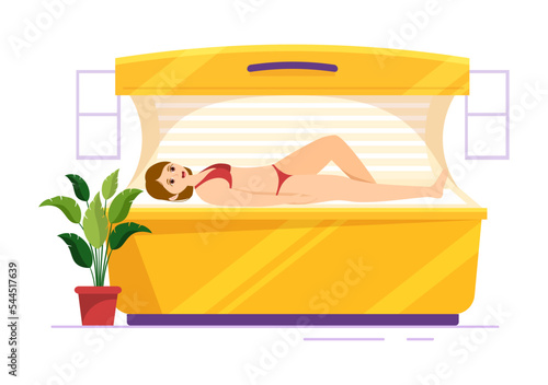 Tanning Bed Procedure to Get Exotic Skin with Modern Technology at the Spa Salon Solarium in Flat Cartoon Hand Drawn Templates Illustration