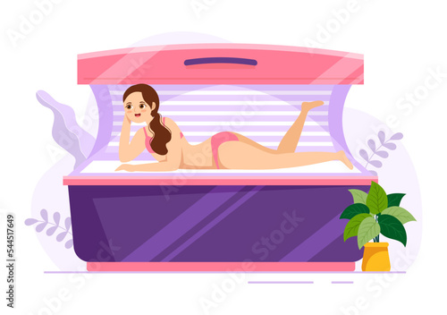 Tanning Bed Procedure to Get Exotic Skin with Modern Technology at the Spa Salon Solarium in Flat Cartoon Hand Drawn Templates Illustration