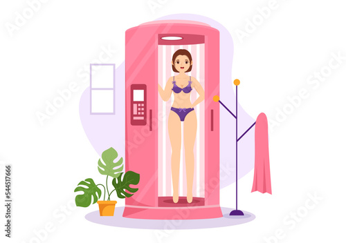 Tanning Bed Procedure to Get Exotic Skin with Modern Technology at the Spa Salon Solarium in Flat Cartoon Hand Drawn Templates Illustration
