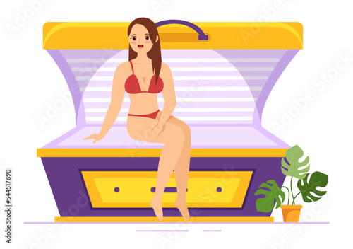 Tanning Bed Procedure to Get Exotic Skin with Modern Technology at the Spa Salon Solarium in Flat Cartoon Hand Drawn Templates Illustration